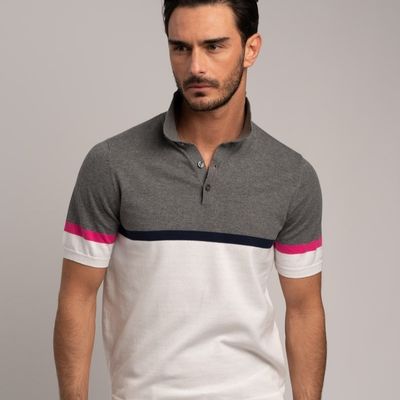 Maglia uomo stile polo a mezza manica realizzata in puro cotone lavorato a maglia bicolore grigio